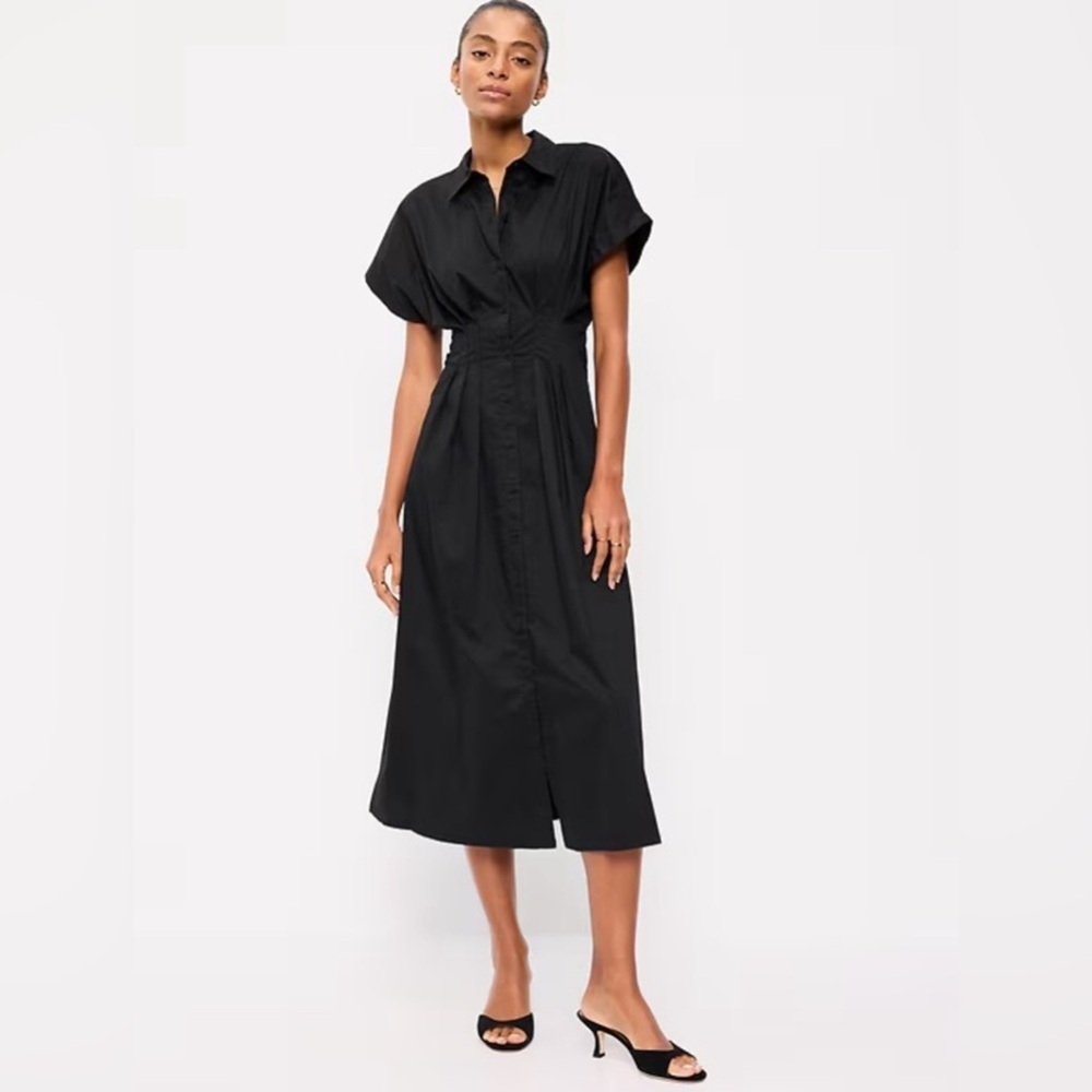 NEW! Old Navy Black Pintuck-Waist Midi Shirt Dress 🥁